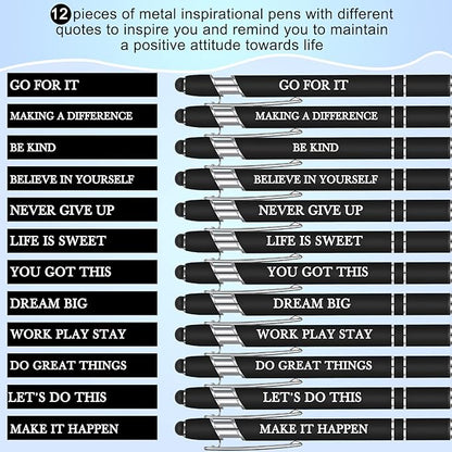 Zonon 12 Pcs Inspirational Pens Bulk Funny Ballpoint Pen with Stylus Tip Motivational Gifts for Christmas Teacher Coworkers Nurse School Office Supplies(Black,Motivational Style)