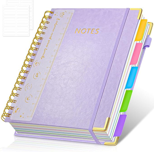 Hardcover Spiral Notebook Journal, 8"x10" Large B5 Notebooks with Removable Dividers Tabs, 300 Pages Leather 5 Subject Notebook College Ruled, Journal for Work School Note, 100 GSM Thick Paper,Purple.
