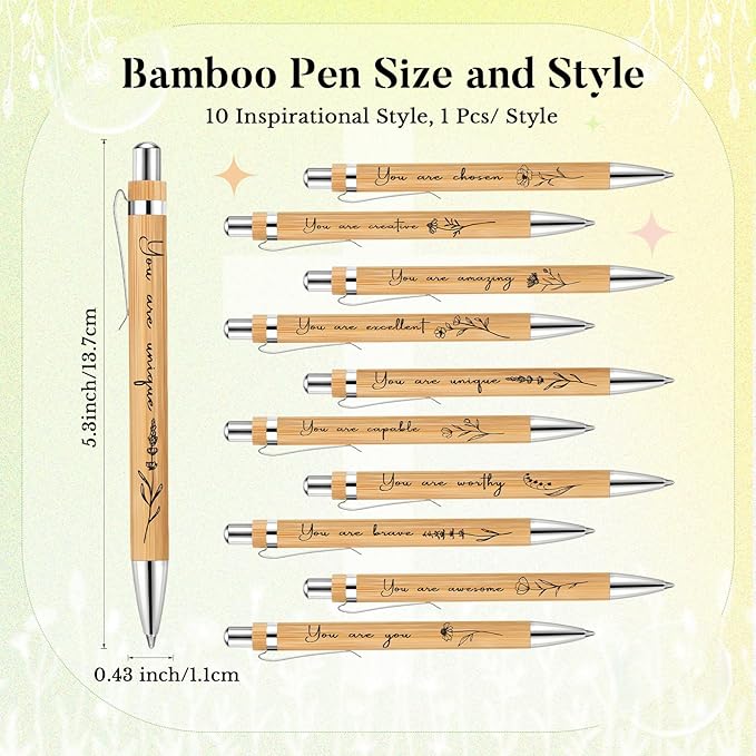 10 Pcs Inspirational Bamboo Pens Flower Ballpoint Pens Bulk with Black Ink Employee Appreciation Thank You Gift for Women Men Coworker Staff Christmas School Office Party Favors Supplies