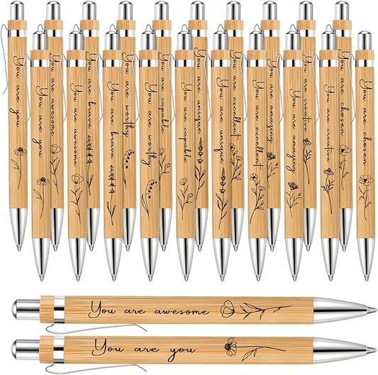 20 Pcs Inspirational Bamboo Pens Flower Ballpoint Pens Bulk with Black Ink Employee Appreciation Thank You Gift for Women Men Coworker Staff Christmas School Office Party Favors Supplies
