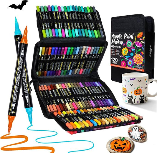 120 Colors Acrylic Paint Markers, Dual Tip with Fine Tip and Brush Tip Pens for Rock Painting Supplies, Canvas, Wood, Calligraphy, Metal, Ceramic, Glass, DIY Crafts Art Supplies Kit