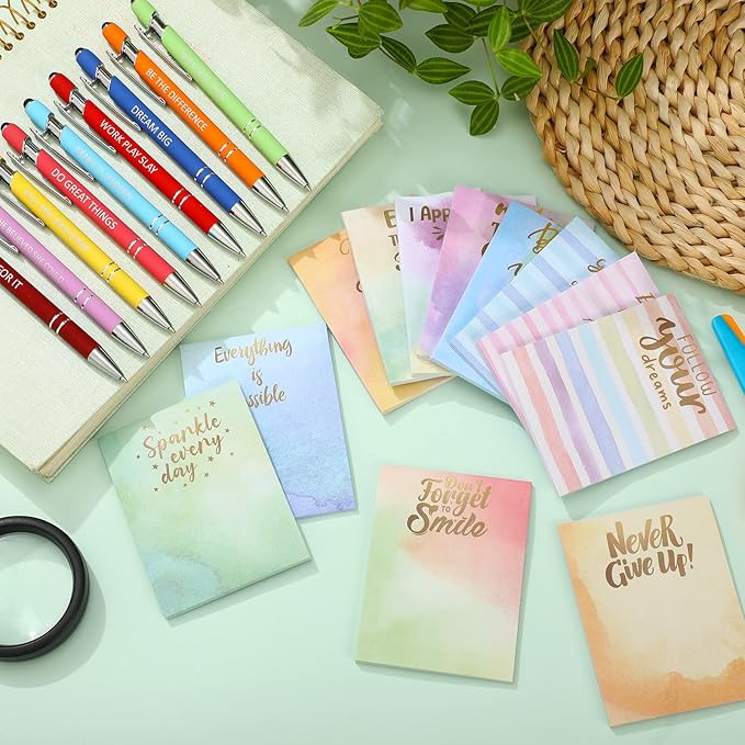 Geyee 24 Pcs Inspirational Sticky Notes with Funny Pens Fun Notepads for Adults Coworkers Nurse 3 x 4 Inch to Do List Notepads with Sayings Pen for Lab Week Gifts Teacher Office Supplies