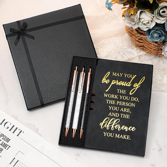 5 Pcs Employee Appreciation Gift Christmas Leather Journal Notebook 3 Ballpoint Pens with Box Thank You for Nurse Medical Assistant Coworker Teacher Social Worker Vet Tech Volunteer(Black)