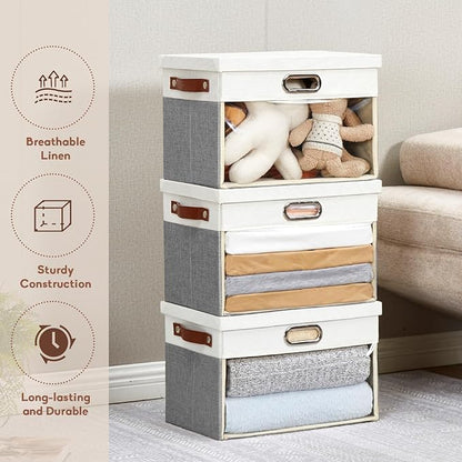 Fabric Clear Window Storage Bins with Lid, Closet Storage Box Linen Closet Baskets with 3 Handles for Organizing Clothing, Jeans, Shelves 15''- 3 Pack (Gray and White)