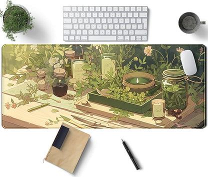 Green Gardener Desk Mat Anime Forest XL Gaming Mouse Pad Plant Lover Desk Pad with Stitched Edges, Women Desktop Decor Mousepad Laptop Computer Keyboard and Mouse Mat Desk Accessories 31.5x11.8 in