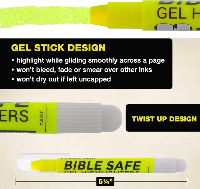 U.S. Office Supply Bible Safe Highlighter Set of 6 Yellow Bright Fluorescent Markers, Dry Bible Highlighters No Bleed, Fade or Smear, Safe Gel Markers, Accessories, Study Guide