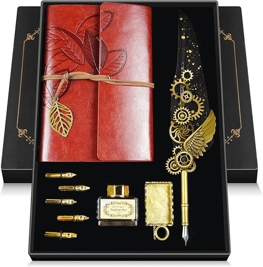 Quill Pen and Ink Set Antique Calligraphy Pen Set with Feather Pen,Leather Notebook for Writing,5 Replaceable Nibs,Pen Holder,Ink,Calligraphy Pens for Beginners Vintage Decor Gift Set