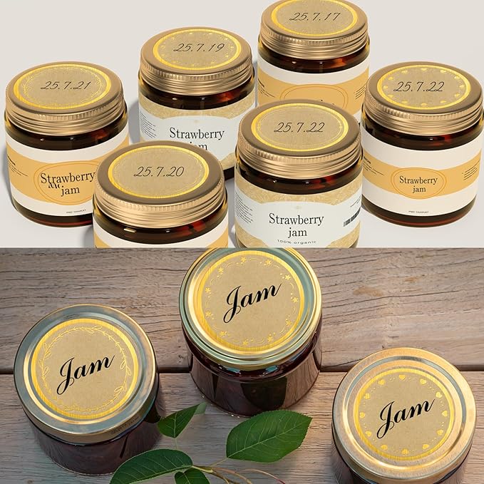 2" Kraft Label Stickers for Jars and Lids, 6 Different Gold Border Designs, Kraft Sticker Labels use for Pantry, Mason Jars, Canning, Bottles- 500pcs