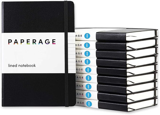 PAPERAGE Lined Journal Notebook, 10 Pack, (Black), 160 Pages, Medium 5.6 in x 8 in - 100 GSM Thick Paper – Hardcover Journaling Notebook for Work, School & Note Taking
