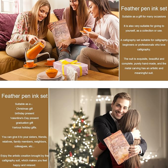 Feather Calligraphy Pen Ink Set, Mechanical Feather Pen and Wooden Dip Pen, 5 Colors of Ink, 12 Replacement Nibs, Pen Holder, Envelope and Letter Paper (Green)