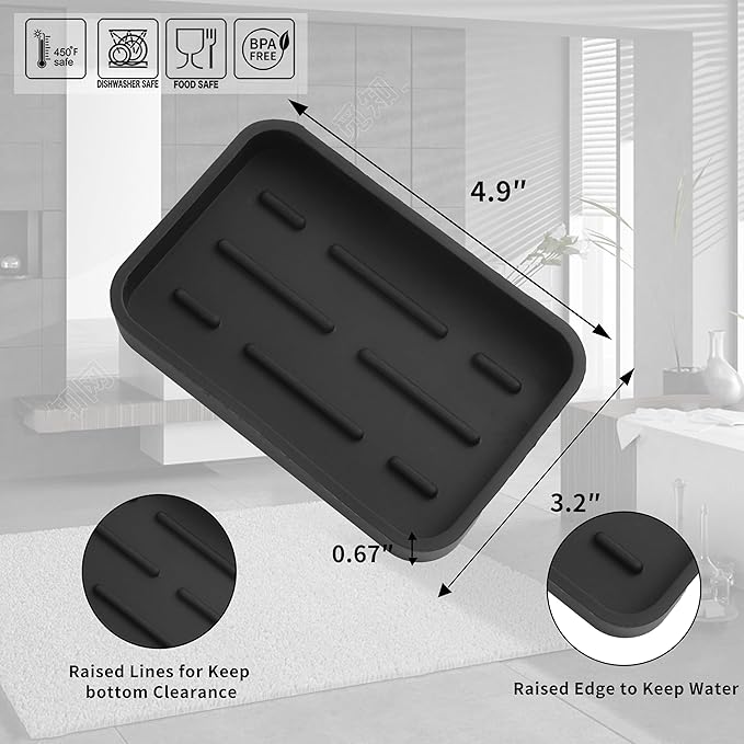 Silicone Kitchen Sink Organizer Tray for Multiple Usage,Easy Clean Sponges Holder for Kitchen Bathroom Counter or Sink,Dish Soap Dispenser,Scrubber,Bottle,Cup Black 4.9”x 3.2”