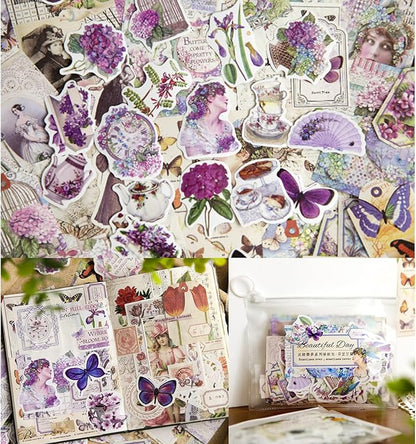 200PCS Vintage Scrapbooking Supplies Pack, Aesthetic Scrapbook Sticker Paper Art Journaling Kit for Bullet Junk Journals,Planner,Cottagecore Decor Gifts (Purple Series)