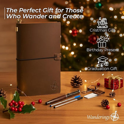 WANDERINGS Regular Size Travelers Notebook/Handcrafted Genuine Leather Journal - 4.5"x8.5" / 11.5cm x 22cm - Includes a Pen Holder with a Pen and 2 extra Ink Refills, a PVC Folder, and a Binder Clip