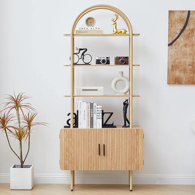 71" Tall Fluted Arched Bookshelf with Doors, Mid Century Modern Metal Bookcase Cabinet with Storage, 4-Tier Industrial Organizer Rack Storage Shelves for Home Office, Living Room (Natural)