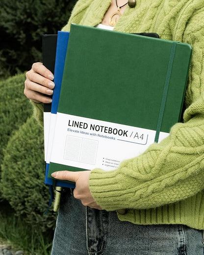 Dynta A4 Lined Journal Notebooks 3 Pack 8.5" x 11" Leather Hardcover Journals 200 Pages/100 Sheets Large Notebooks for Work, Journaling, Note Taking (Black, Green, Blue)