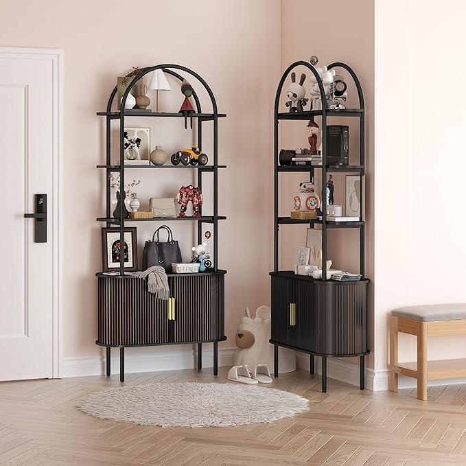 71" Tall Fluted Arched Bookshelf with Sliding Tambour Doors, Mid Century Modern Metal Curved Bookshelf Cabinet with Storage, 4-Tier Open Display Storage Shelf for Home Office, Living Room (Black