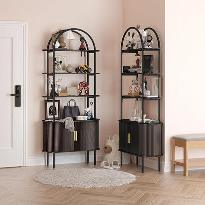71" Tall Fluted Arched Bookshelf with Sliding Tambour Doors, Mid Century Modern Metal Curved Bookshelf Cabinet with Storage, 4-Tier Open Display Storage Shelf for Home Office, Living Room (Black