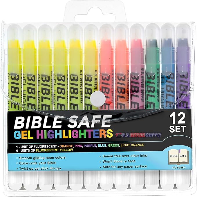 U.S. Office Supply Bible Safe Highlighter Set of 12, 6 Neon Yellow Highlight Colors & 6 Additional Colors, Dry Bible Highlighters No Bleed, Fade or Smear, Safe Gel Markers, Accessories, Study Guide