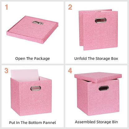 Storage Bins with Lids, Collapsible Linen Fabric Boxes Organizer Containers with Lid Foldable Storage Box Basket for Closet, Shelves, Home, Office, 11 x 11 x 11.4 Inch, 4 Pack, Pink