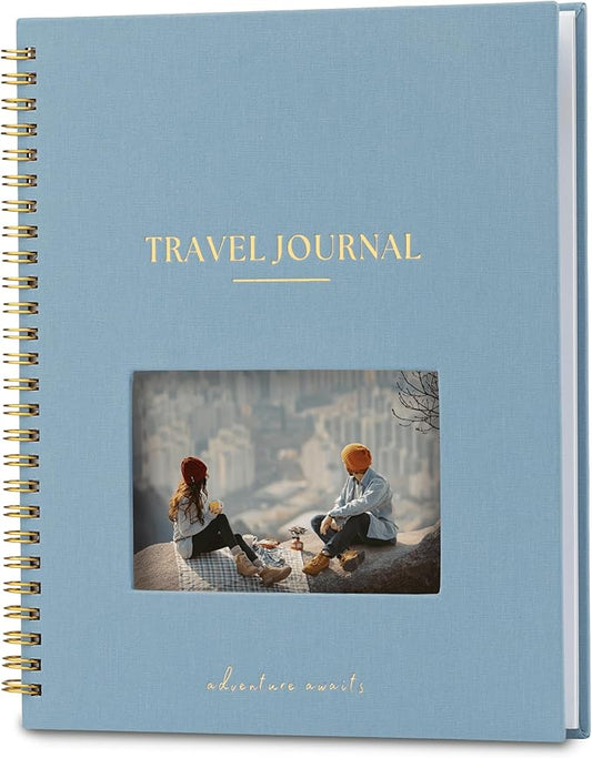 Nook Theory Personalized Travel Journal for Women, Men - Linen Travelers Notebook, Adventure Book with Prompts, Perfect for Travel Gifts (Ocean)