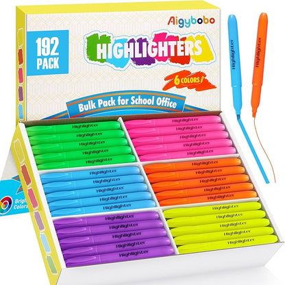 Aigybobo 192 Pack Highlighters in 6 Assorted Colors, Chisel Tip Dry-Quickly Highlighters Bulk, No Bleed Highlighter Markers for Kids Adults, Classroom Teachers Must Haves, School Office Supplies