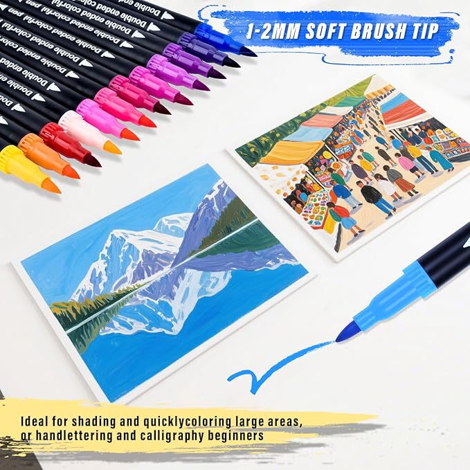 36 Colors Brush & Fine Dual Tip Art Markers Set for Adult Kids Coloring, Dual Tip Colored Pens Markers Quick Drying Without Fading ,Water Based Marker for Calligraphy, Journal ,Doodling,Painting