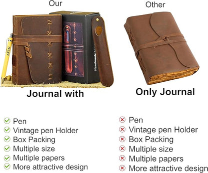 Leather Journal Notebook for Men & Women Daily Vintage Leather Bound Journal Travel Notebook 290 Lined Paper Diary Writing Journal Travelers Scrapbook Poetry Sketchbook Leather Gifts with Pen Holder