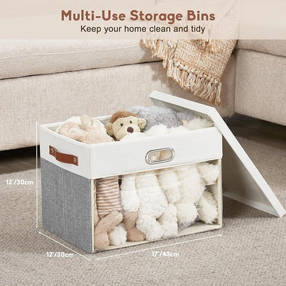 Fabric Clear Window Storage Bins with Lid, Closet Storage Box Linen Closet Baskets with 3 Handles for Organizing Clothing, Jeans, Shelves 17''- 3 Pack (Gray and White)