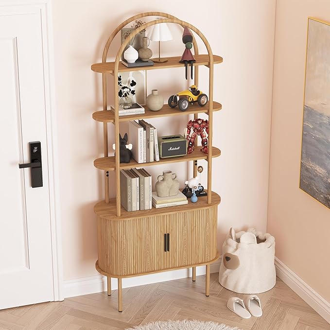 71" Tall Fluted Arched Bookshelf with Sliding Tambour Doors, Mid Century Modern Metal Curved Bookshelf Cabinet with Storage, 4-Tier Open Display Storage Shelf for Home Office, Living Room (Natural)
