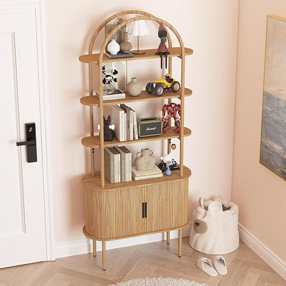 71" Tall Fluted Arched Bookshelf with Sliding Tambour Doors, Mid Century Modern Metal Curved Bookshelf Cabinet with Storage, 4-Tier Open Display Storage Shelf for Home Office, Living Room (Natural)