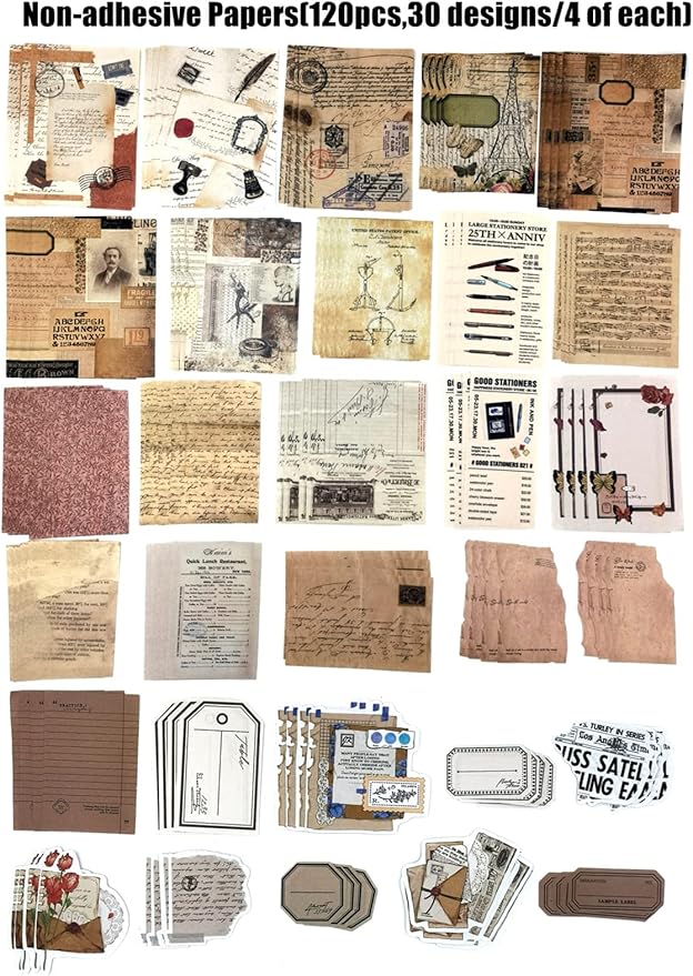 260PCS Vintage Journaling Scrapbooking Supplies Scrapbook Sticker Paper Ephemera Pack for Bullet Junk Journal Planners Collage Craft Notebooks Album (Pen Ink and Letter)