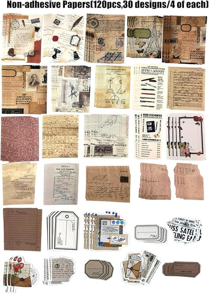 260PCS Vintage Journaling Scrapbooking Supplies Scrapbook Sticker Paper Ephemera Pack for Bullet Junk Journal Planners Collage Craft Notebooks Album (Pen Ink and Letter)