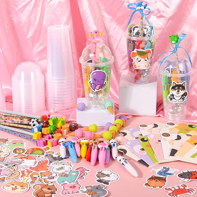 LiYiQ 247 Pcs Return Gifts for Birthday, Student Birthdays Gifts from Teacher, Stationery Set for Classroom Gifts, Pencil Erasers Notesbook Stickers for Classroom Birthday Goodie Bags Rewards Prizes