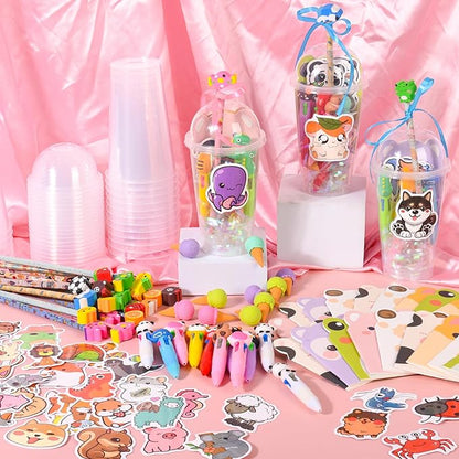 LiYiQ 247 Pcs Return Gifts for Birthday, Student Birthdays Gifts from Teacher, Stationery Set for Classroom Gifts, Pencil Erasers Notesbook Stickers for Classroom Birthday Goodie Bags Rewards Prizes