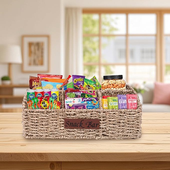 Snack Organizer for Countertop, Trapezoid Snack Organizer Seagrass Wicker Basket, 5 Compartments Snack Box Container, Snack Bar Station Organizer, Kitchen Cabinet Pantry Organizer and Storage