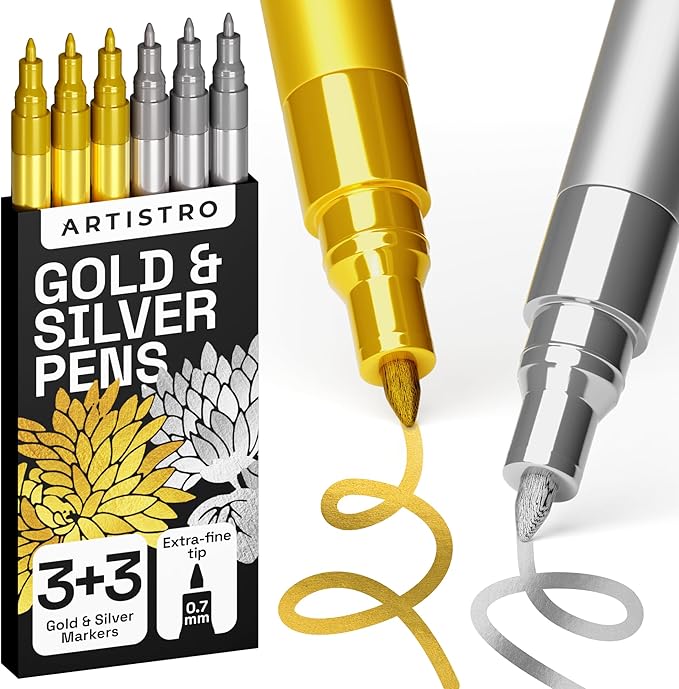 ARTISTRO 6 Acrylic Gold & Silver Paint Pens - 0.7mm Extra-Fine Markers - Great for Greeting Cards, Ornament Decor, & More
