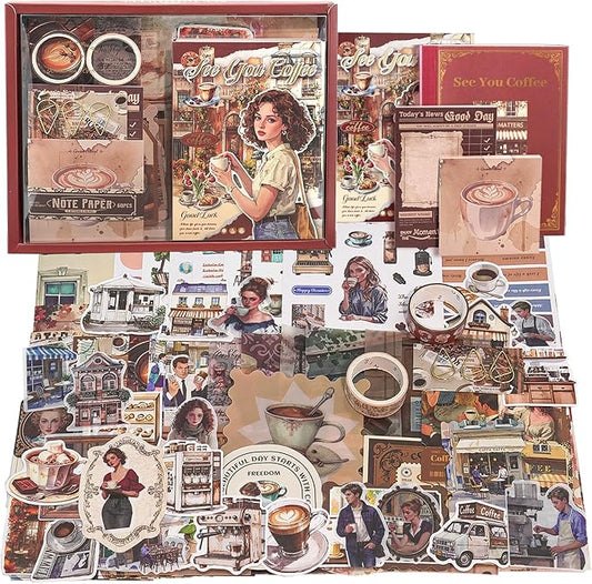 Scrapbooking Supplies Kit, Coffee Aesthetic Vintage Scrapbook Kit for Bullet Junk Journal A6 Grid Notebook Stationary Journaling Supplies DIY Craft Birthday Holiday Gifts for Women Kid Teen Girl