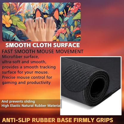 Desk Mat, Black Cat Among Flowers Desk Pad, Cute Cat Large Gaming Mouse Pad, 31.5"x15.7" Extended Big Computer Keyboard Mouse Pad with Non-Slip Base and Stitched Edge