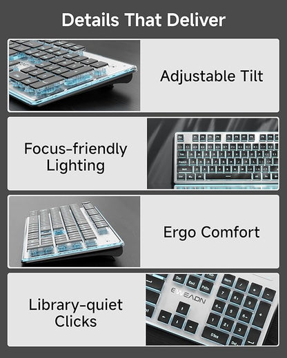 EWEADN V3 Wireless Keyboard and Mouse with Blue Backlit, Metal Panel, Bluetooth/2.4G Rechargeable Computer Keyboard and Mouse Combo Silent Lighted Full Size Cordless Keyboards-Black