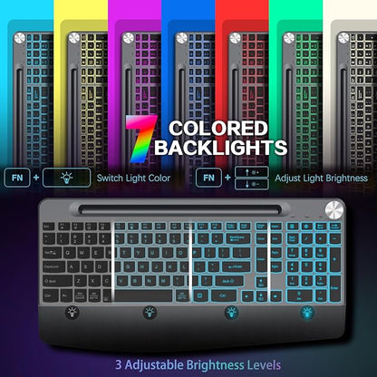 Backlit Keyboard and Mouse Combo, 7 Colors Wireless Keyboard Ergonomic with Wrist Rest and Volume Knob,Phone Holder,Rechargeable with Light Up Keyboard for Laptop, PC, Mac, Windows -Black