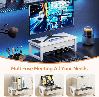 Desk Organizers and Accessories, Computer Monitor Stand Riser with Drawer, White Laptop Stand for Desk with Storage, Office Organization, Wood