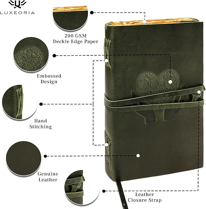 LUXEORIA Heart Journal for Women and Men, Handcrafted Leather Journal for Writing Womens, Sketchbook, Travel Diary with Unlined Deckle Paper, Dark Green 8x13