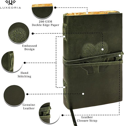 LUXEORIA Heart Journal for Women and Men, Handcrafted Leather Journal for Writing Womens, Sketchbook, Travel Diary with Unlined Deckle Paper, Dark Green 8x13