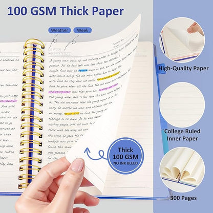 Hardcover Spiral Notebook Journal, 8"x10" Large B5 Notebooks with Removable Dividers Tabs, 300 Pages Leather 5 Subject Notebook College Ruled, Journal for Work School Note, 100 GSM Thick Paper,Blue