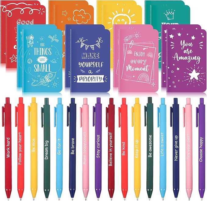 Funrous 32 Pcs Motivational Quote Pens Inspirational Notepads Mini Journal with Ballpoint Pen Small Notebooks Gift Set for Men Women Coworkers, Adult Party Favors Prizes Gift Bulk(Minimalistic)