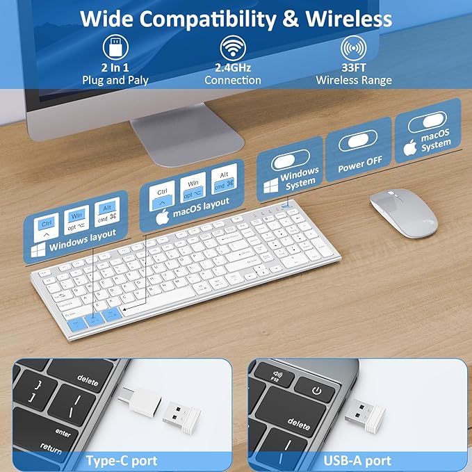 Wireless Keyboard and Mouse, GALENMORO Silent Quiet Combo Low Profile USB C Full Size Compact with Number Pad Flat Soft Touch Cordless for Mac Computer PC Laptop Macbook iMac Office - White and Silver