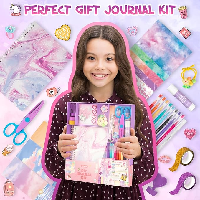 QIYVLOS 2 Pack DIY Journal Kit for Girls, Journaling Diary Toys for Ages 8-13, Arts and Crafts Birthday Stationary Set Gifts for Teen Girls Ages 8 9 10 11 12 13 14 Year Old