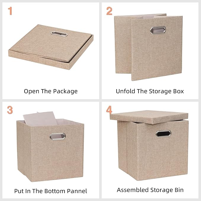 Storage Bins with Lids, Collapsible Linen Fabric Boxes Organizer Containers with Lid Foldable Storage Box Basket for Closet, Shelves, Home, Office, 12 x 12 x 12.4 Inch, 4 Pack, Khaki