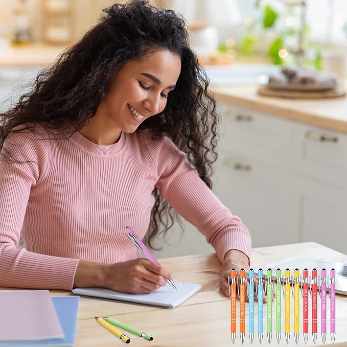 Zonon 12 Pcs Inspirational Pens Bulk Funny Ballpoint Pen with Stylus Tip Motivational Gifts for Christmas Teacher Coworkers Nurse School Office Supplies(Macaron,Boss Lady)