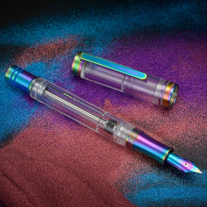 Asvine V200 Titanium Fountain Pen Vacuum Filling, Rainbow Bock Fine Nib Transparent Acrylic Smooth Writing Pen Case Set